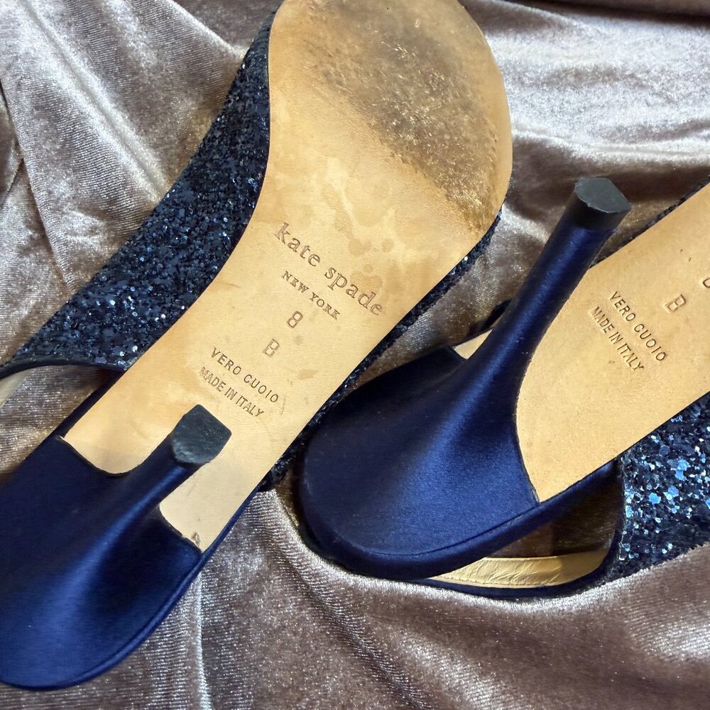 KATE SPADE Navy Glitter Blue Bow Slingback Charm Heels 8 designer glam couquette - Picture 11 of 13